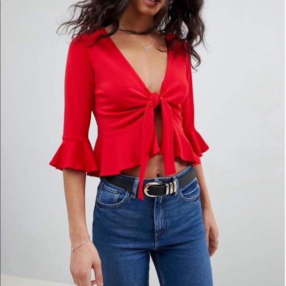 ASOS Cropped Peplum, Ruffle Sleeve, Tie-Front Cardigan - Picture 2 of 5